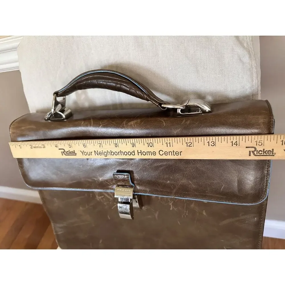 PIQUADRO Brown Leather High-Tech Classic Doctor Briefcase blue trim used scuffs